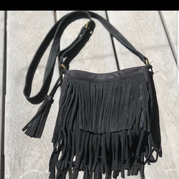 black suede fringe crossbody bag